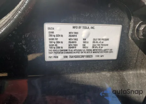 2024 Tesla Model Y из США, поврежденный, VIN 7SAYGDEE3RF190629